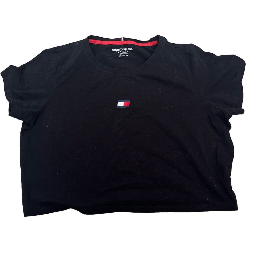 TOMMY HILFIGER SPORT Short Sleeve Crop Top Size XL Logo Casual Black